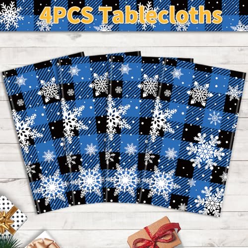 4 Pack Christmas Checkered Snowflake Tablecloths Blue & Black Buffalo Plaid 51 x 86"