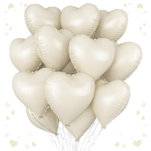 Cream Heart Balloons, 18 Inch Cream White Heart Shape Balloon, 12PCS Large Sand White Helium Foil Heart Romantic Balloon for Girls Birthday Baby Shower Wedding Engagement Anniversary Party Decoration