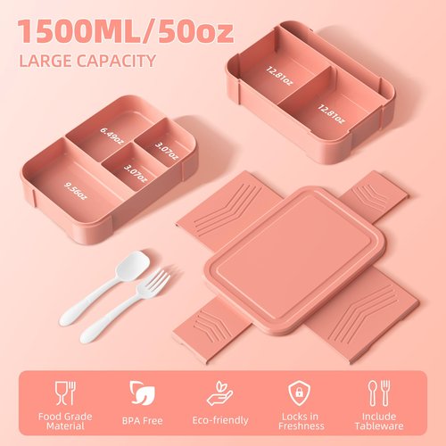 Cherrysea Stackable Bento Box Large Adult Lunch Container 6 Compartments Leakproof Kids Toddler Bento Lunch Box for School, All in One Pink Lunch Box with Adjust Divider for Office, Picnic - 1500ML