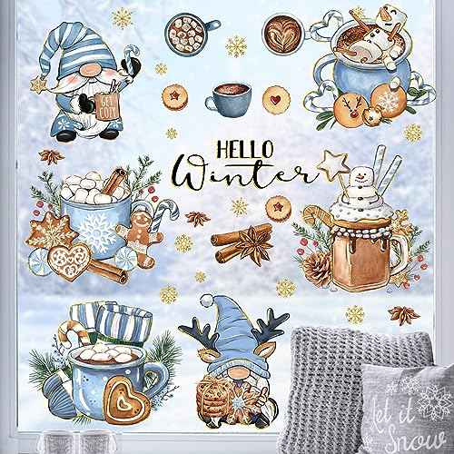 Mfault 145 PCS Hello Winter Gnome Window Clings 9 Sheets, Hot Cocoa Gingerbread Cookies Snowman Wall Stickers Decal Decorations, 2026 New Year Christmas Holiday Living Room Home Kitchen Decor