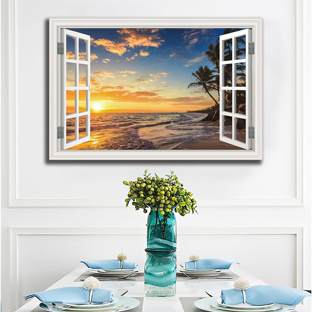 Seascape Beach Wall Art Print for Living Room - Window Frame Style Canvas Wall Decor Ocean Wave - Tropical Palm Tree Picture for Bedroom Office Home Decoration