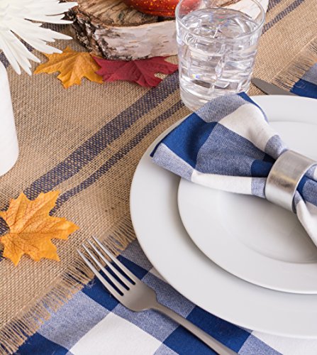 DII Jute Burlap Table Runner 14x108 Double Border Blue for Kitchen & Dining