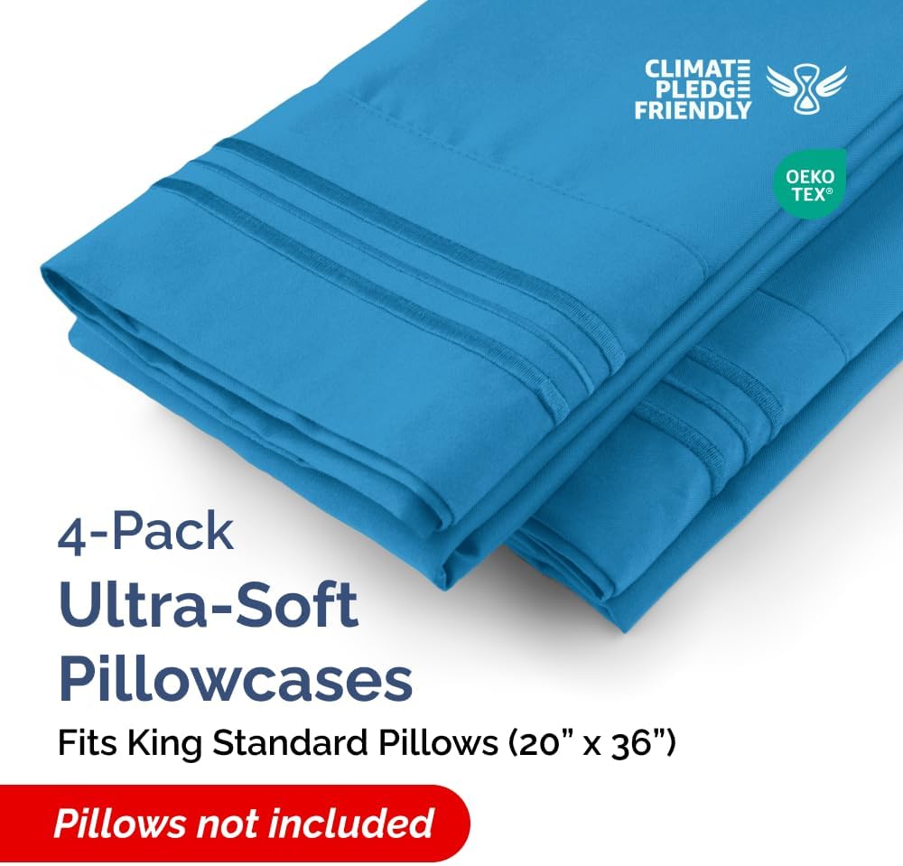 King Standard Pillow Cases | Set of 4 Soft Hotel Quality Covers - Comfy Denim Blue Bedding for All Ages