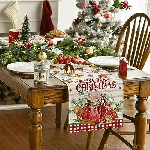 Artoid Mode Ice Cream Gingerbread Sweet Christmas Table Runner, Seasonal Winter Kitchen Dining Table Decoration for Home Party Indoor 13x72 Inch