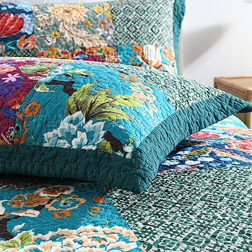Reversible Cotton Bedspread Quilt Set - Vintage Floral Patchwork, King, Turquoise