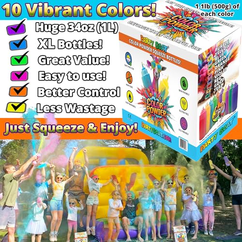 Party Goat 10 Pack XL 34oz Holi Color Powder Squeeze Bottles for Color Run & Festival