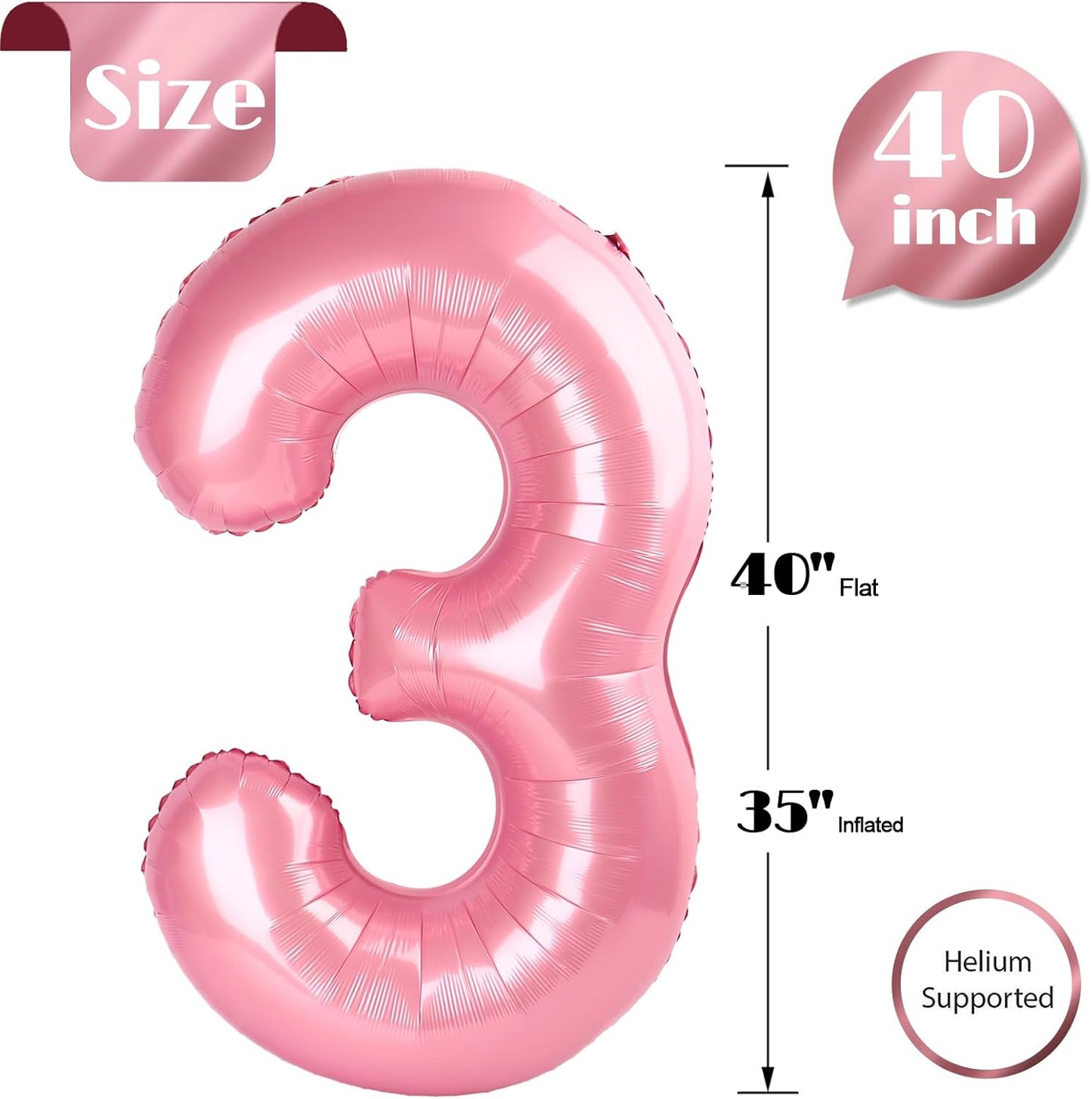 Pearlescent Pink Number 3 Balloon - 40 Inch 3rd Birthday Celebration Decor for Kids & Adults