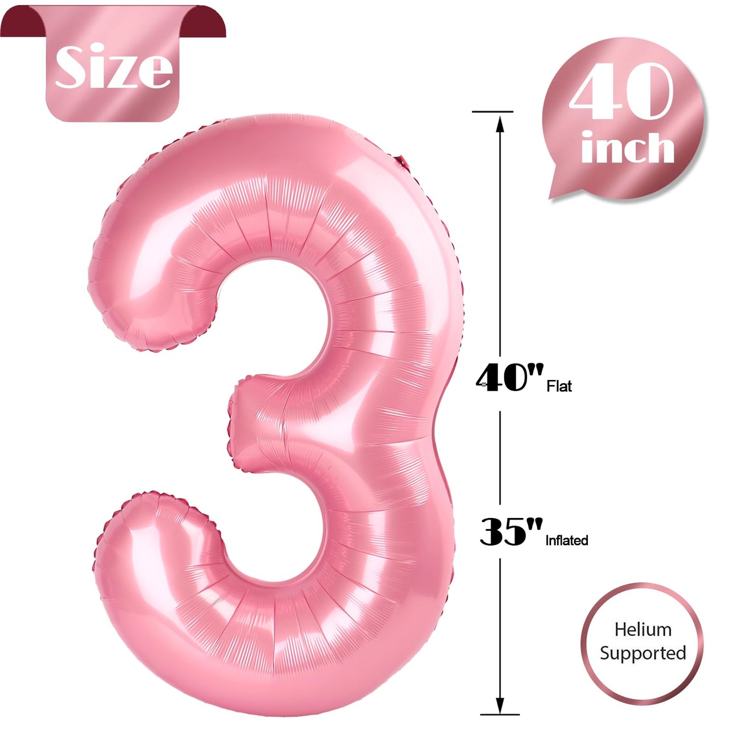 Pearlescent Pink 3 Balloon, Number Balloons 40 Inch, 3rd Birthday Decorations for Kids Girls Women Party Supplies for Party Decorations, Number 3 Balloon