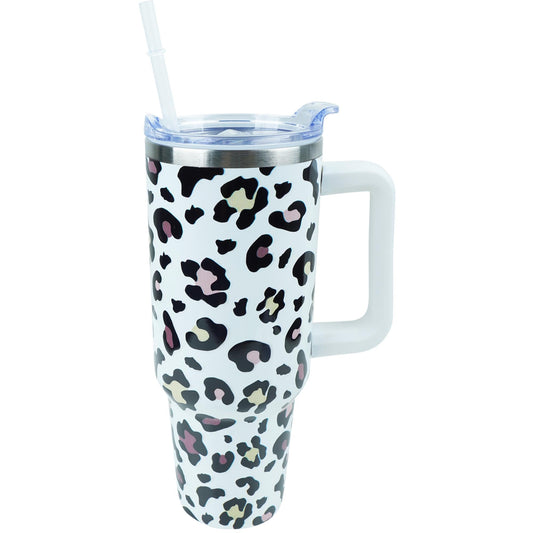 30 oz Leopard Tumbler with Handle and Straw Lid Leak Proof, Coffee Travel Mug with Handle Insulated for Hot and Cold Drink Ice, Mother's Day Birthday Gifts for Women, Leopard Stainless Steel Cups