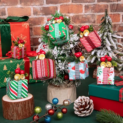 16 Pcs Christmas Tree Mini Gift Boxes - Colorful 8 Styles with Bells & Berries (2 each)