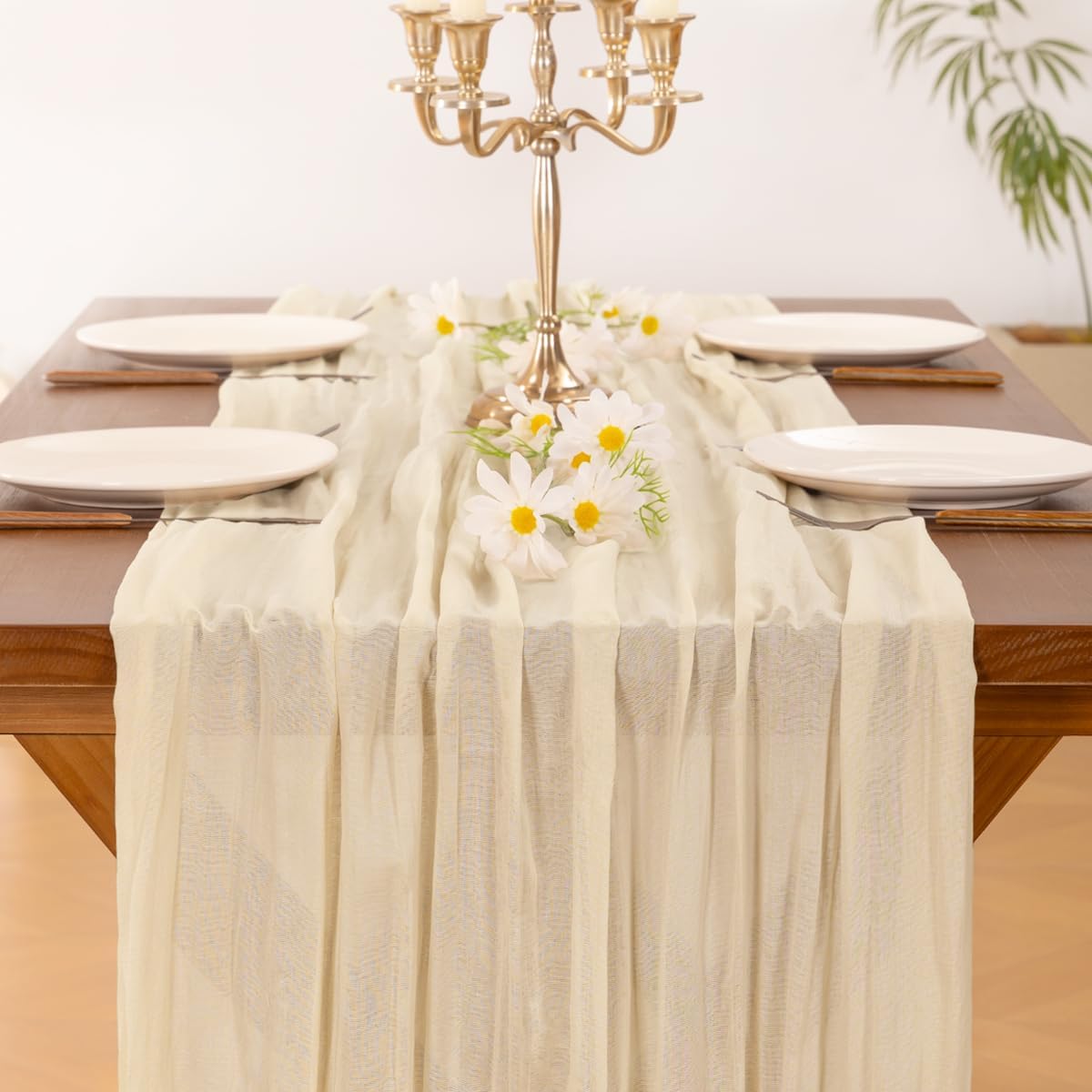 Socomi Cheesecloth Table Runner - 120 Inch Beige Boho Rustic Decor for Weddings, Parties & Holidays