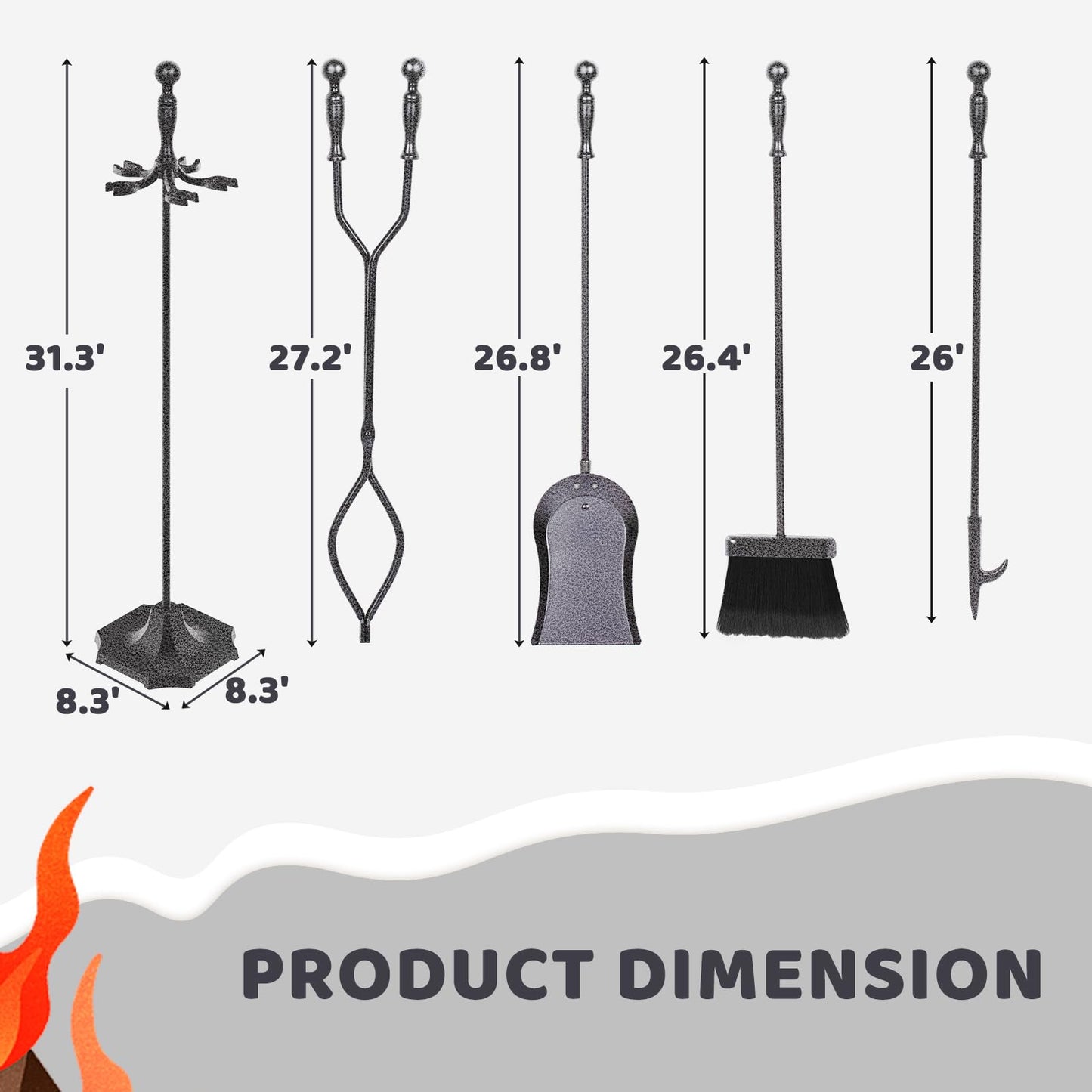 LOENIY 5 Pieces 31In Fireplace Tools Set, Wrought Iron Fireplace Tools with Ergonomic Handle, Fireplace Accessories Set Included Tong, Shovel, Base, Poker and Brush for Indoor & Outdoor (Grey)