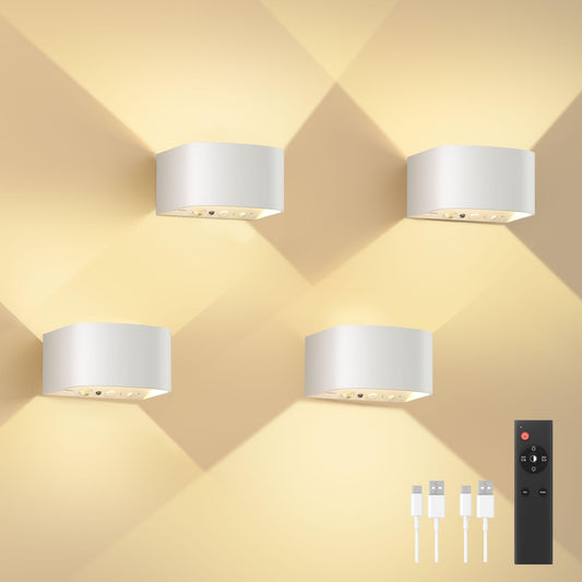 FULEN 4 Pack Motion Sensor Wall Lamp with Remote Control 3 Colors Wireless Wall Light LED Indoor Up and Down Wall Sconce 5000mAh Rechargeable Battery Powered Wall Lamps Brightness Adjustable,White