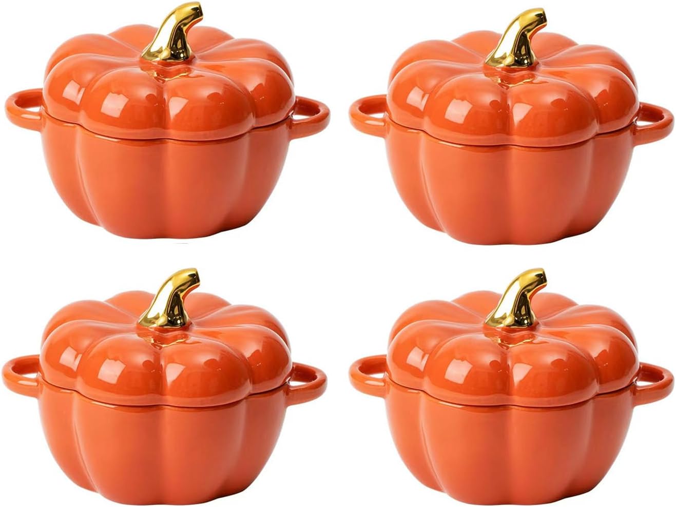 Regine Switzerland Pumpkin Bowl Set - 4 Ceramic Ramekins with Lid & Handle | Oven Safe, 14 Oz (Orange)