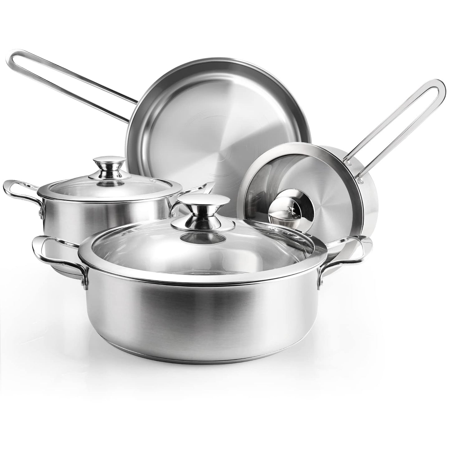 Stainless Steel Pots and Pans Set, 7-Piece Kitchen Cookware Sets with Glass Lids, Stay-Cool Handle, Oven Safe, Works with Induction/Electric and Gas Cooktops, Dishwasher