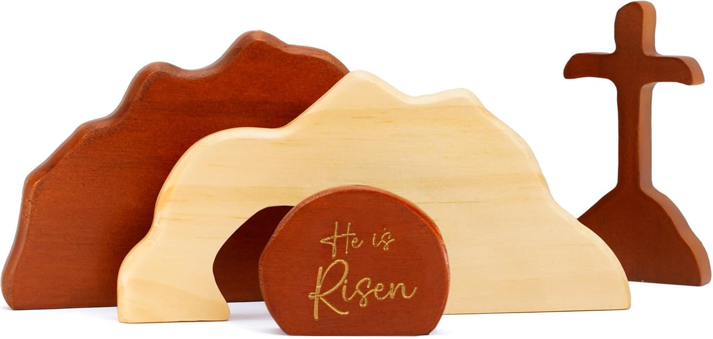 Natural Wood Easter Decor - He Is Risen Empty Tomb Scene | Christian Spring Decorations for Home & Church