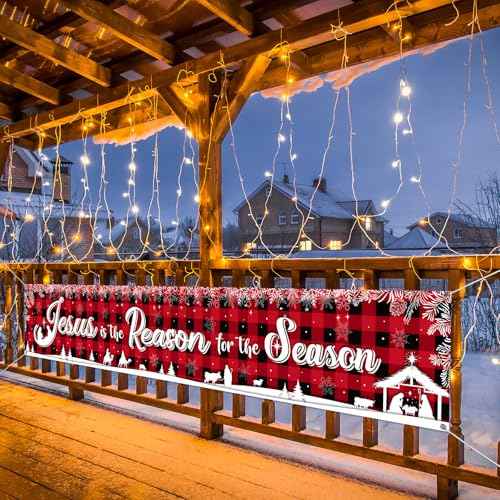 Tiamon Holy Nativity Christmas Banner Manger Scene Religious Jesus Is the Reason for the Season Red Buffalo Plaid Hanging Banner for Xmas Winter Holiday Outdoor Indoor Decoration