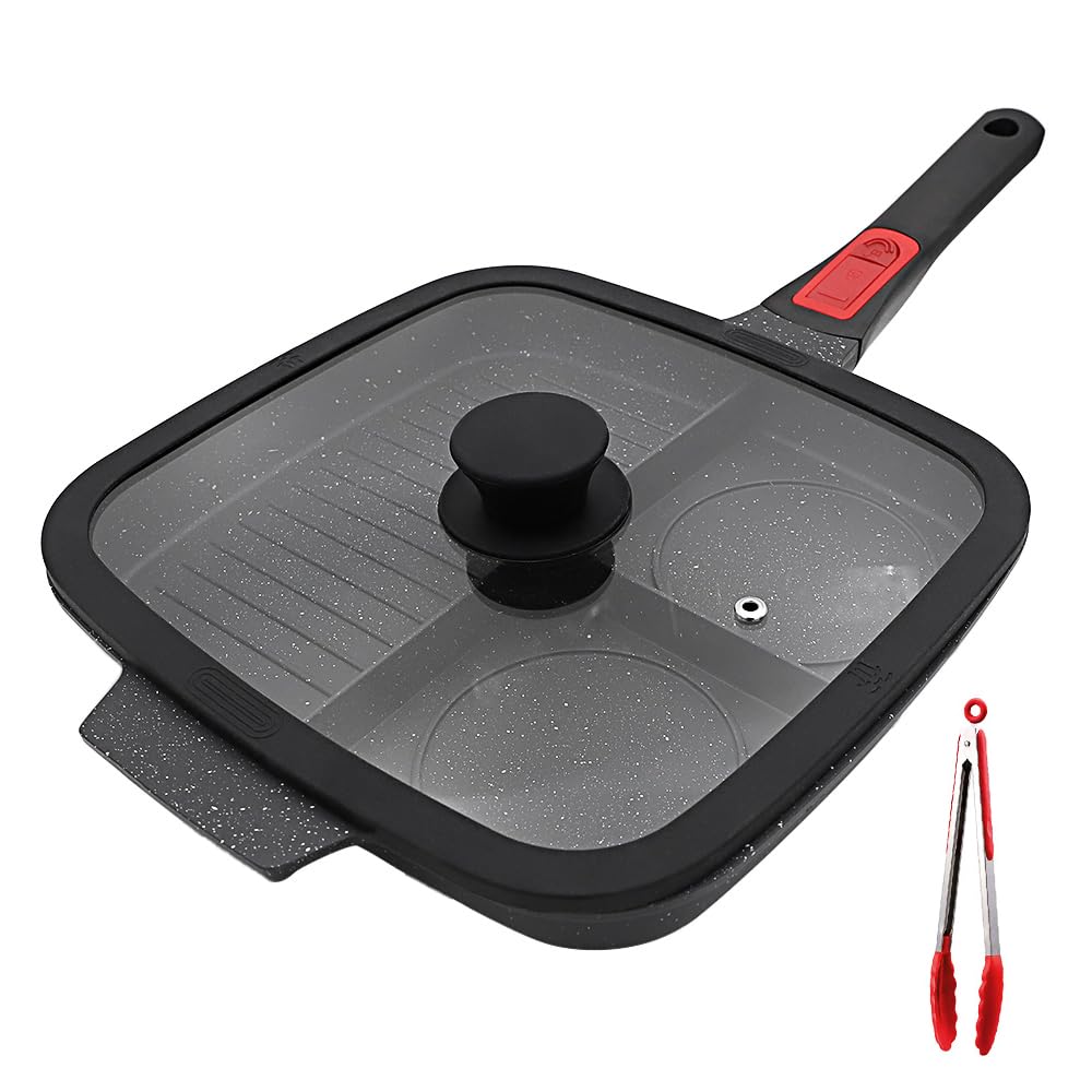 Bobikuke 3 Section Grill Pan for Stove Tops with Detachable Handle, Nonstick Versatile Griddle Pan with Lid, Square Skillet PFOA Free, Black
