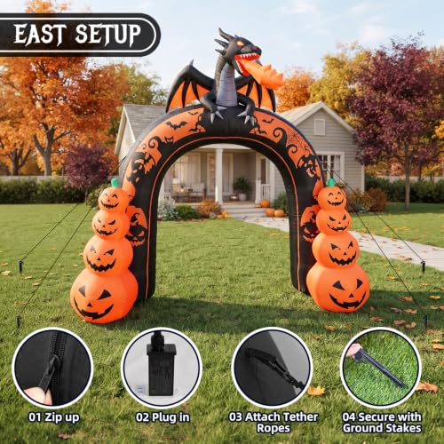 Giant Halloween Inflatable Archway with Dragon & Pumpkins - Outdoor Yard Decor, 10 FT Tall with LED Lights