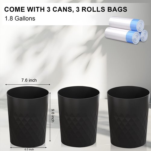 JiatuA 3 Pack Small Trash Can with Trash Bags Bathroom Garbage Bin Round Plastic Waste Basket for Kitchen, Bedroom, Office, College Dorm, Craft Room, Black