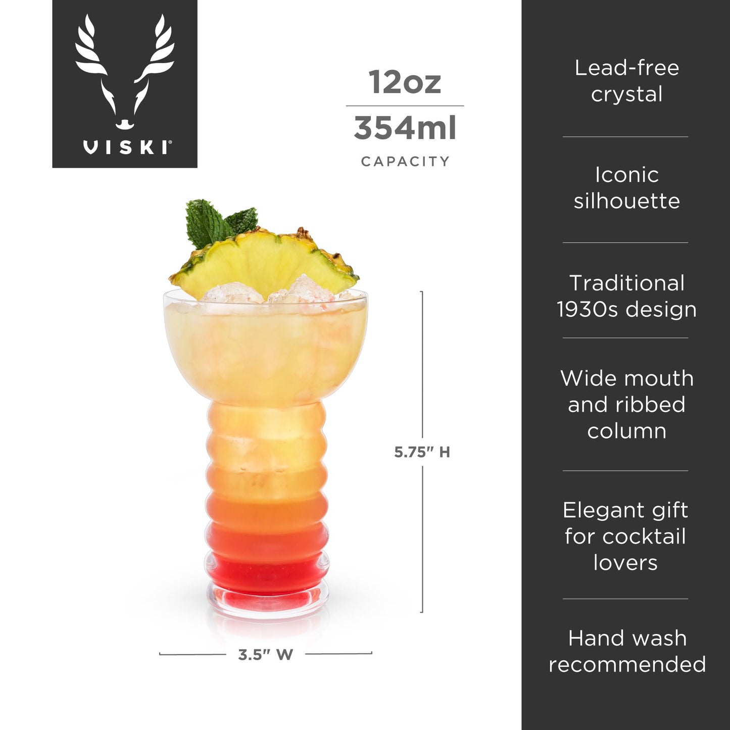 Viski Pacific Crystal Pearl Diver Tropical Tiki Tumbler Set of 2 - Premium Crystal Clear Glass, Stylish Tiki Glasses for Cocktails Gift Set, 12 oz