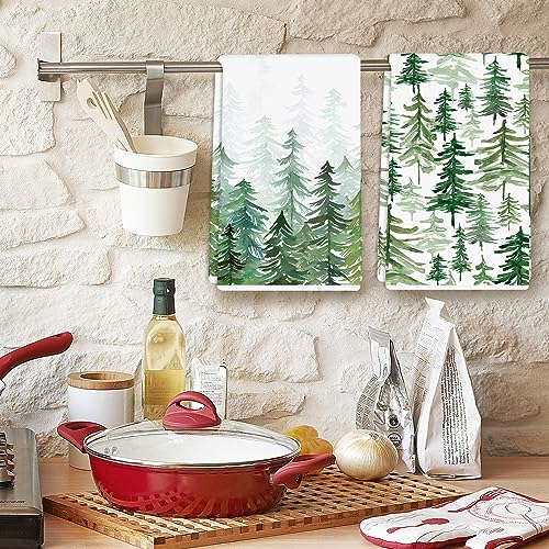Christmas Kitchen Dish Towels - Watercolor Pine Tree Pattern, 2 Pack, 18 x 28 Inches