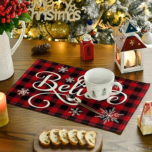 Artoid Mode 12 x 18 Inch Buffalo Plaid Placemats Set of 8 – Red/Black Washable Linen-like