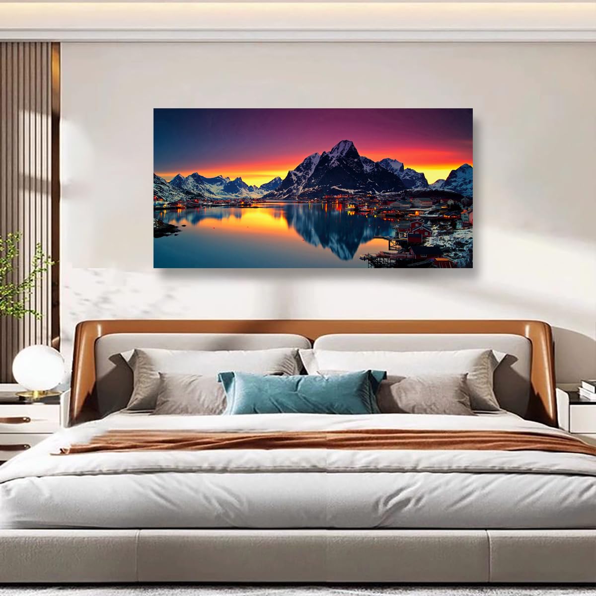 Lofoten Islands Norway Canvas Wall Art - 40"x20" Snowy Mountain Fjord Village Sunset Landscape Print, Waterproof Modern Wall Decor for Living Room Bedroom Office, Ready to Hang