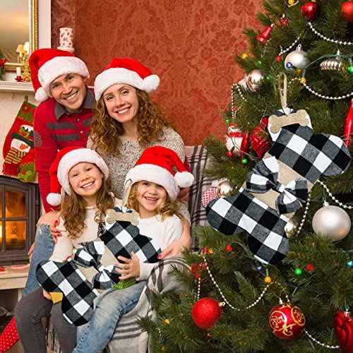 Senneny Pet Dog Christmas Stockings Buffalo Black White Plaid Burlap Large Bone Shape Hanging Christmas Stocking for Dogs Pets