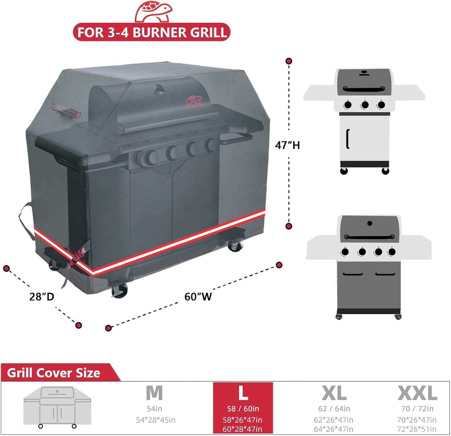 Turtle Life BBQ Grill Cover - 60 Inch Heavy Duty Waterproof Cover for 3-4 Burner Grills | Black