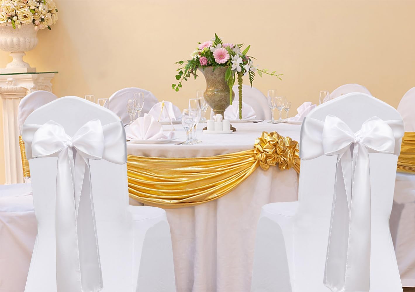 Regine Switzerland Satin White Chair Sashes - 7 X 108 Inch Universal Bows for Weddings & Events | 50 Pack