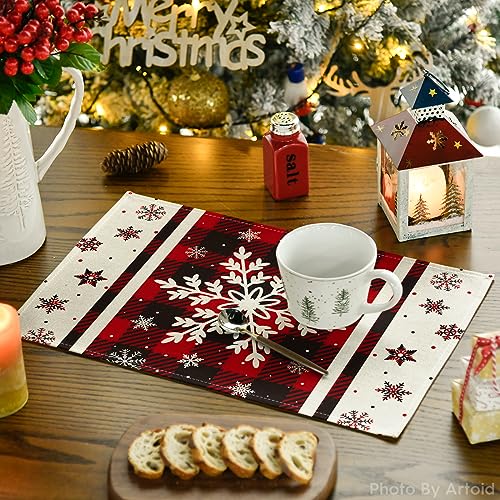 Artoid Mode Set of 12 Red Buffalo Plaid Snowflake Placemats 12x18 Inch Christmas Table Decor