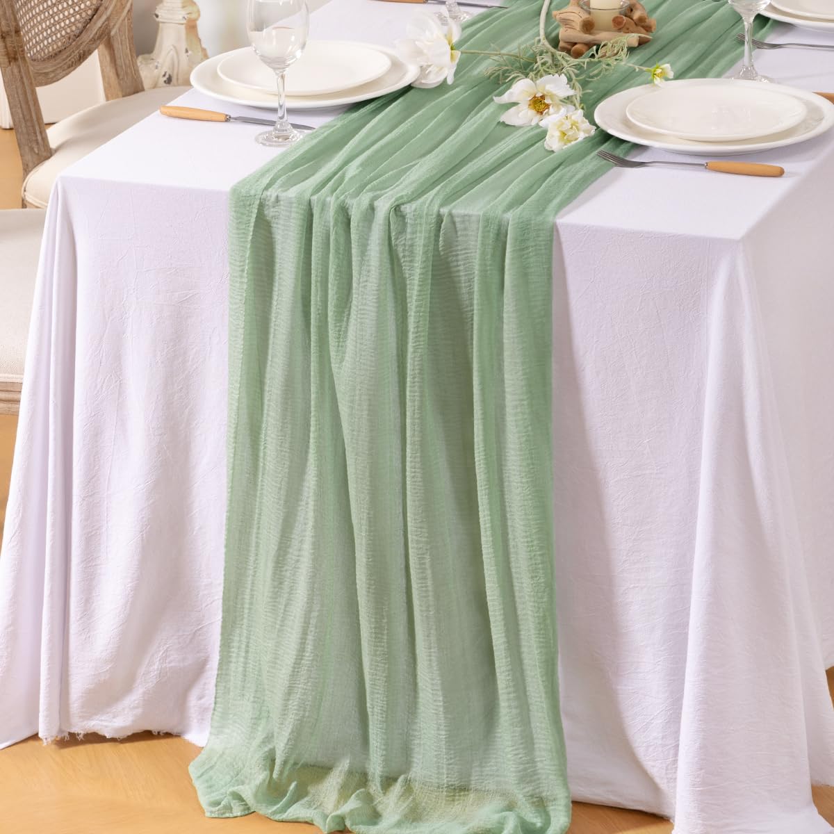 Santaben Sage Green Cheese Cloth Table Runner Spring 120 Inch Soft Rustic Boho Gauze Cheesecloth Table Runner 10FT for Wedding Birthday Party Baby Shower Home Decoration