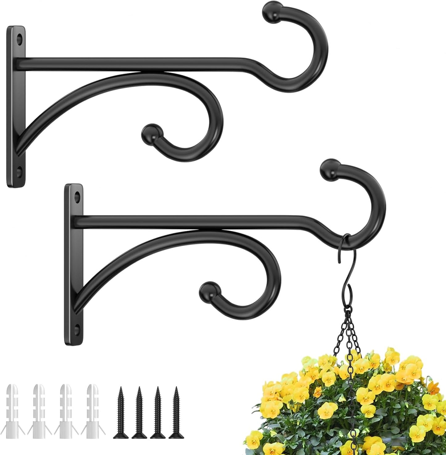 Plant Hanger Hooks - Black Metal Wall Mounts for Indoor/Outdoor Planters | 2-Pack for Baskets & Lanterns
