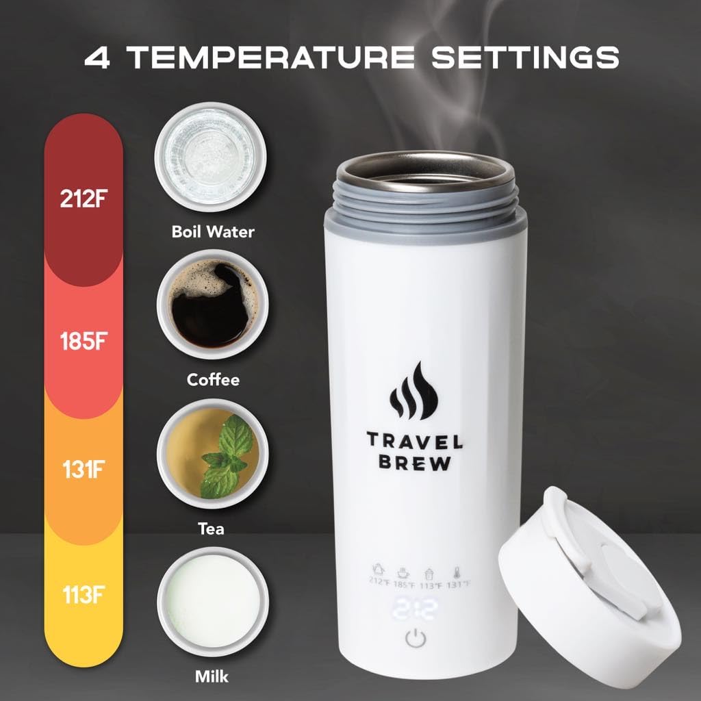 TRAVEL BREW Portable Travel Kettle with Tea Infuser- Mini Electric Kettle with 4 Temperature Settings, with Auto Shut-Off & Boil Dry Protection (White)