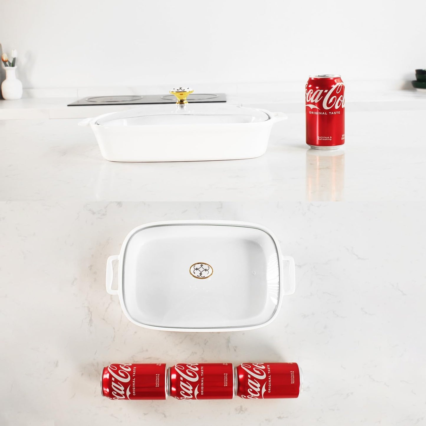 Regine Switzerland Ceramic Casserole Dish - 11" x 8" White Serving Tureen with Glass Lid | 1.6 Quart Capacity for Buffets & Catering