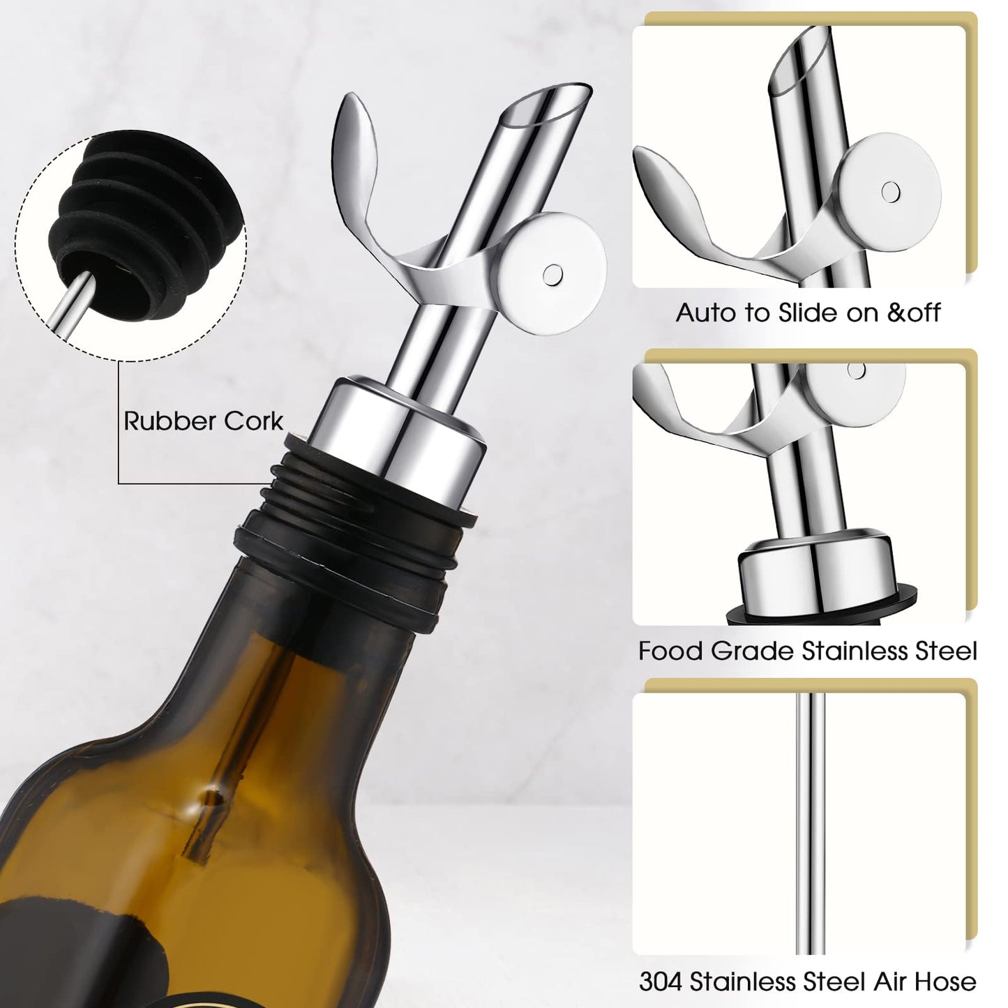 Kinlop 6 Pcs Weighted Stainless Steel Liquor Bottle Pourers Auto Flip Olive Oil Dispenser Spout Balsamic Alcohol Pourer Spouts (Silver)