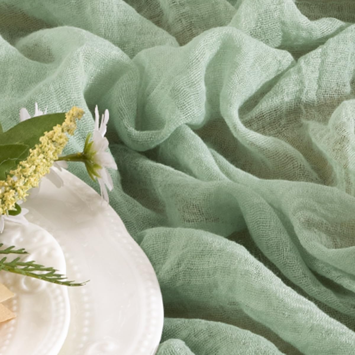 Santaben Sage Green Cheese Cloth Table Runner Spring 120 Inch Soft Rustic Boho Gauze Cheesecloth Table Runner 10FT for Wedding Birthday Party Baby Shower Home Decoration