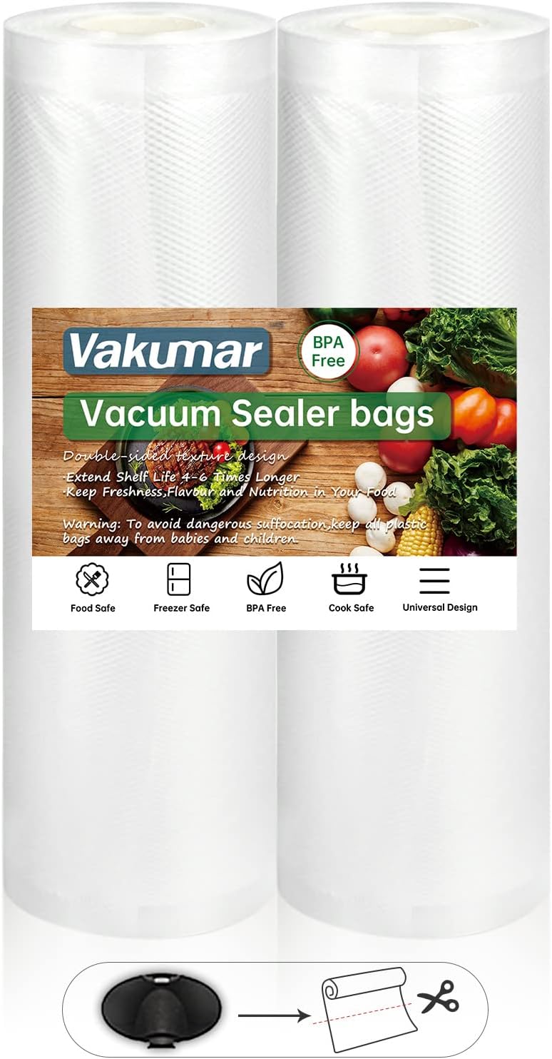Vakumar Vacuum Sealer Bags - 2 Pack 8''x60' Rolls | BPA Free, Ideal for Food Storage & Sous Vide