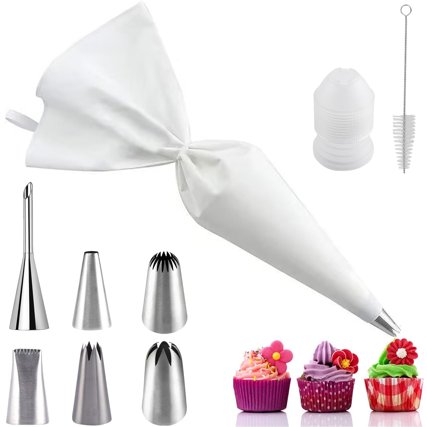 Reusable Cotton Piping Bags and Tips Set- GleeAnt Frosting Piping Kit for Baking 6pcs Large Stainless Icing Tips for Cake Decorating- Icing Bag,Coupler I Professional Cupcake Kit (9)