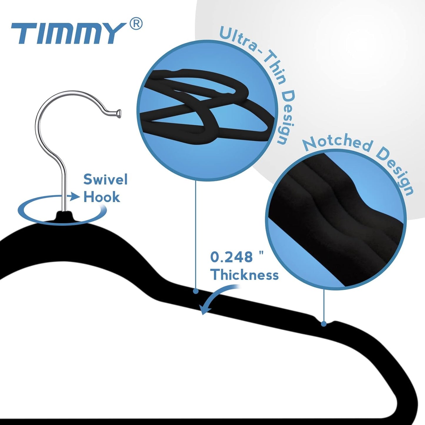TIMMY Premium Velvet Hangers - Heavy-Duty Non-Slip Black Hangers for Coats & Suits | Space-Saving Pack of 50
