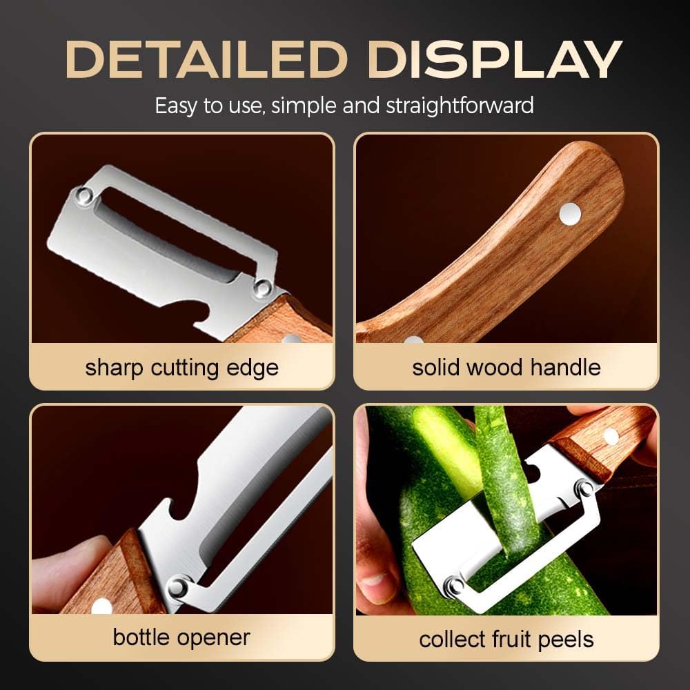 Skiennix Multi-Functional Vegetable Peeler - 2026 Stainless Steel with Wooden Handle & Bottle Opener | Ideal Kitchen Tool for Fruits & Veggies