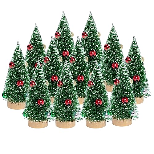 Yookat 12Pcs Mini Green Christmas Trees with Beads & Snow Frost, Sisal & Bottle Brush
