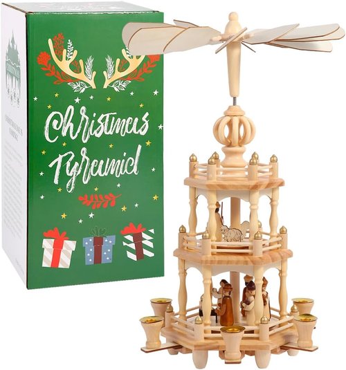 Christmas Pyramids - 18-Inch Wooden Nativity Scene Carousel with 6 Candle Holders | 3 Tiers