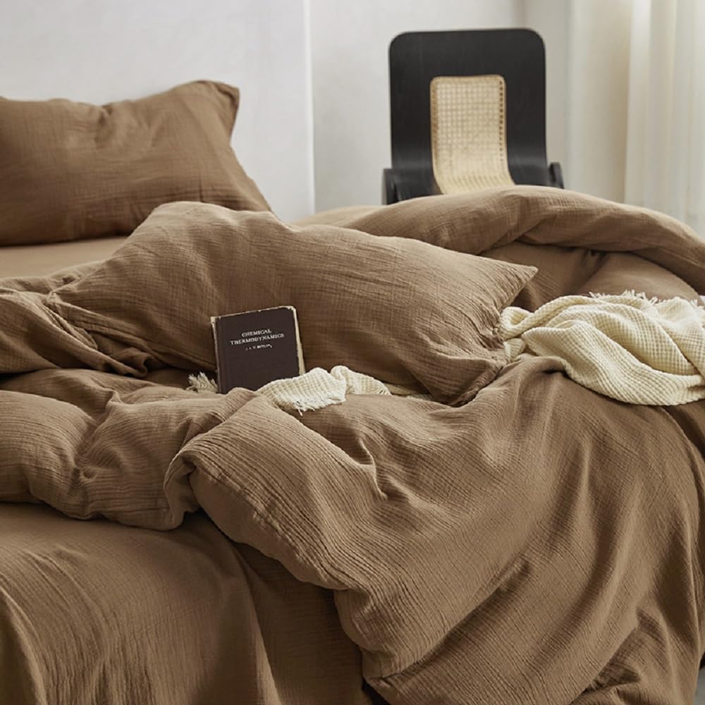 Erwinmu Muslin Duvet Cover Set 100% Cotton Queen Size,Double-Layer Linen Like Gauze Comforter Cover Brown 3 Pieces,Okeo-tex 100 Certified Duvet Cover 90"x90" with 2 Pillowcases for All Season