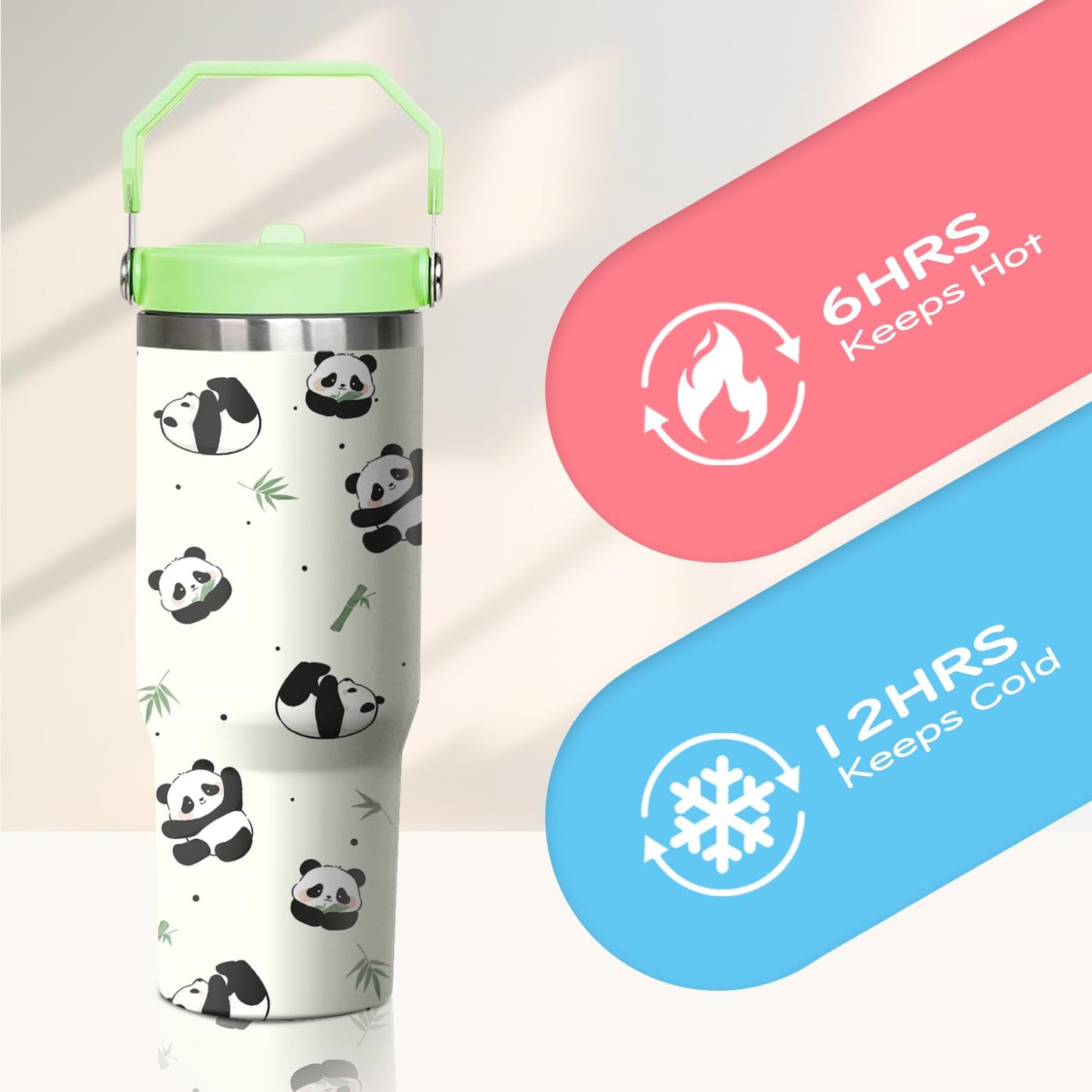 Xchearser Panda Tumbler with Handle and Flip Straw, 30oz Travel Coffee Mug Water Bottle with Lid, Stainless Steel Insulated Cup, Birthday Gifts for Women Animal Lovers