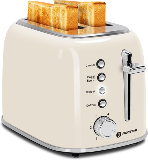 Aigostar Toaster - Retro 2-Slice Extra-Wide Slot Design | Perfect for Bagels, Breads & Waffles - Cream White