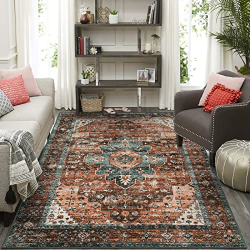 Ultra-Thin Vintage Area Rug 6x9 Brick Red Non-Slip Washable Living Room Carpet