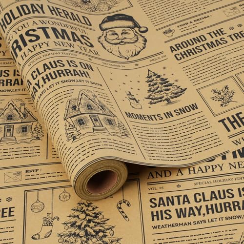 BIOBROWN Christmas Wrapping Paper Newspaper Roll with Santa & Tree Design, 17x33ft