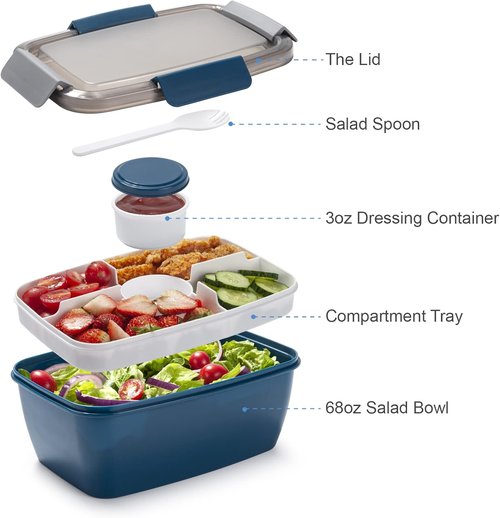 Freshmage Large Salad Container - 68oz Bowls with 5 Compartments for Lunch | Pink & Blue (2-Pack)